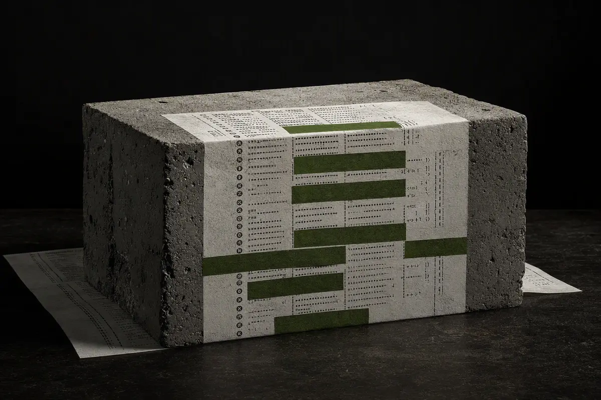 Concrete evidence slab wrapped in log sheets with sensitive lines masked in moss green